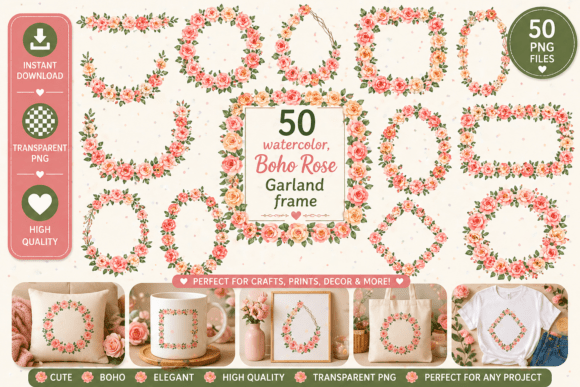 50 Boho Watercolor Rose Garland Frames